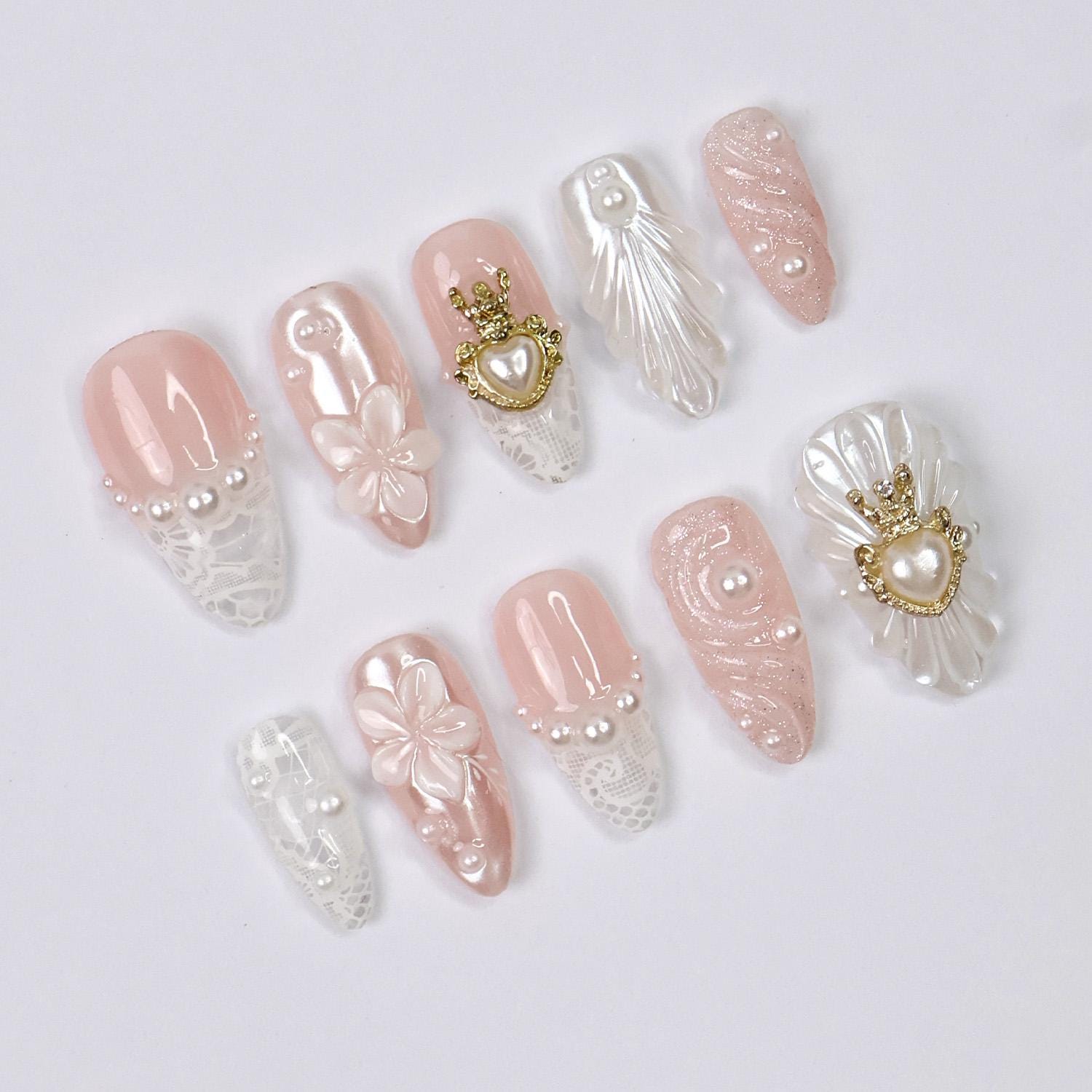 Press On Nails Pearlora Crown Heart with Lace Texture | 3D Floral Fake Nail in Medium Almond | Handmade Nail Art for Wedding, Prom, Birthday