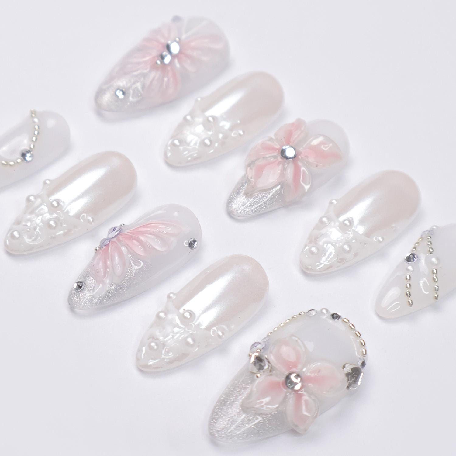 Press On Nails Petal Glimmer with Butterfly & Lace | 3D Floral Fake Nails in Meidum Almond | Handmade Wedding Nail Art for Bridal, Birthday