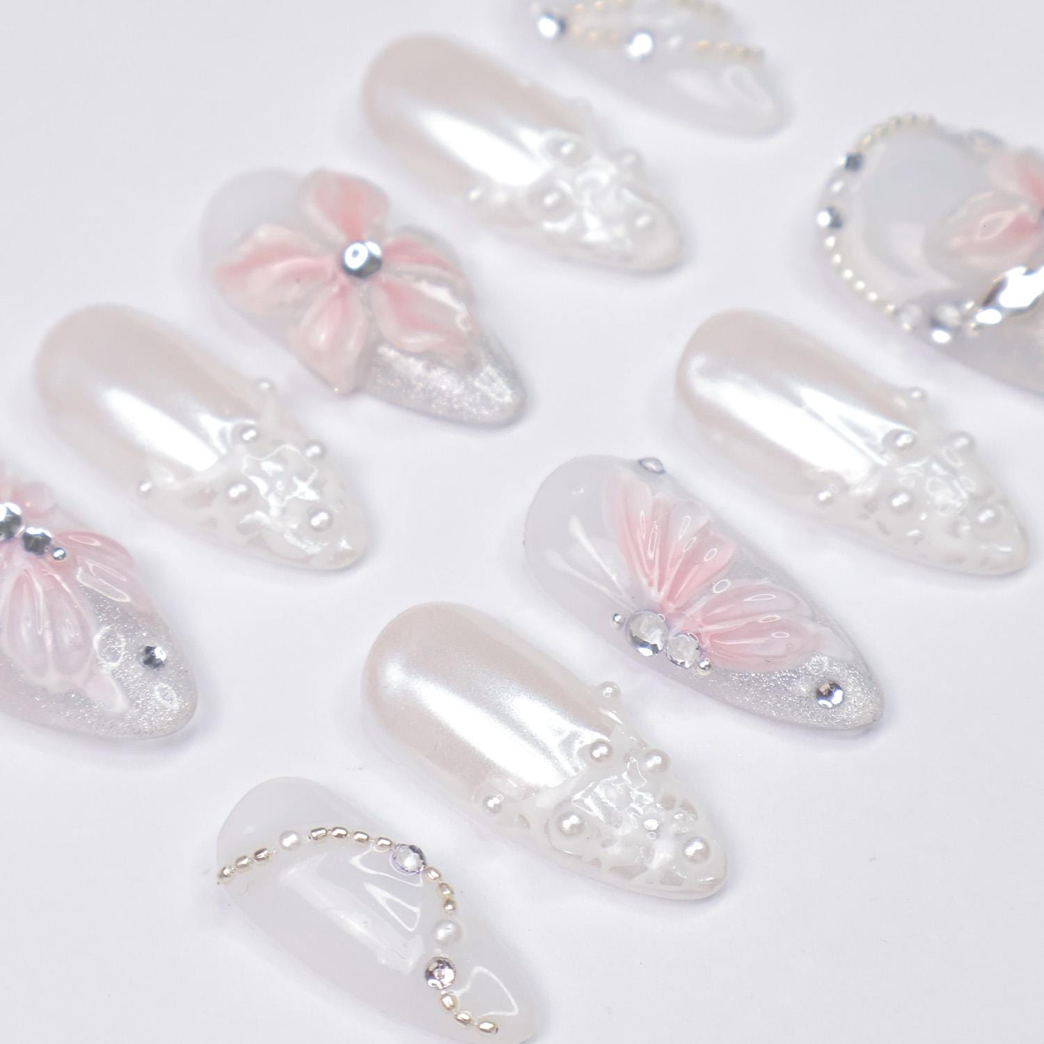 Press On Nails Petal Glimmer with Butterfly & Lace | 3D Floral Fake Nails in Meidum Almond | Handmade Wedding Nail Art for Bridal, Birthday