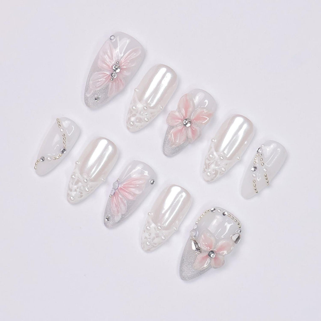 Press On Nails Petal Glimmer with Butterfly & Lace | 3D Floral Fake Nails in Meidum Almond | Handmade Wedding Nail Art for Bridal, Birthday