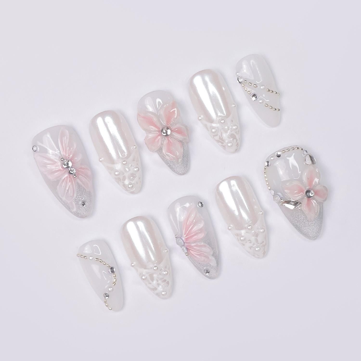 Press On Nails Petal Glimmer with Butterfly & Lace | 3D Floral Fake Nails in Meidum Almond | Handmade Wedding Nail Art for Bridal, Birthday