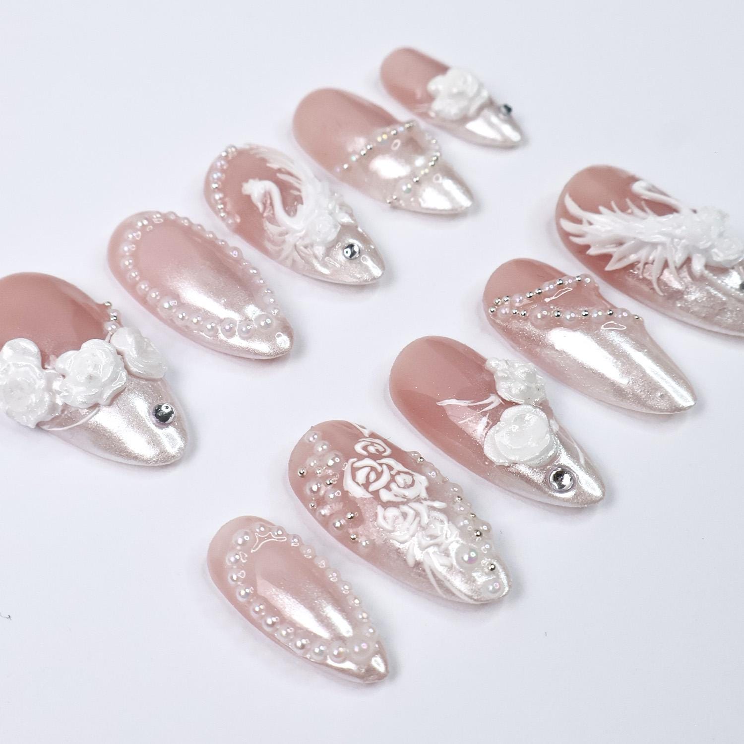 Press On Nails Swan Elegance with Rose & Pearl | 3D Floral Fake Nail in Medium Almond | Handmade Bridal Nail Art for Wedding, Prom, Birthday