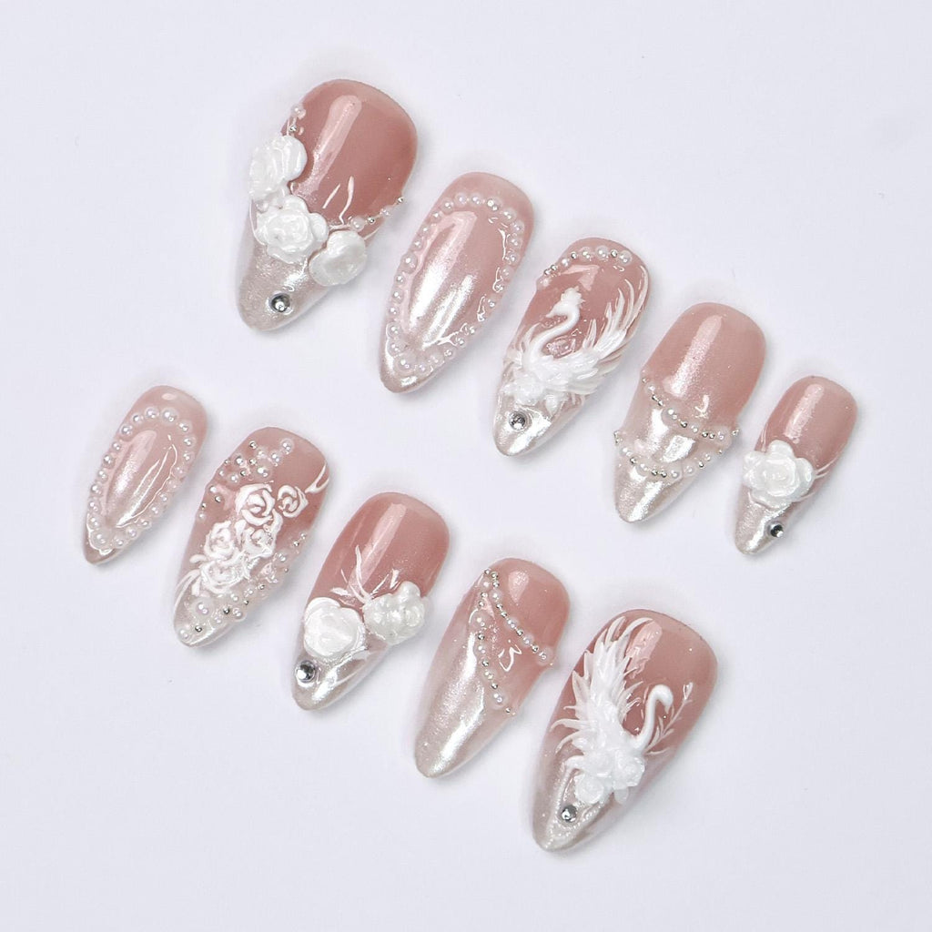 Press On Nails Swan Elegance with Rose & Pearl | 3D Floral Fake Nail in Medium Almond | Handmade Bridal Nail Art for Wedding, Prom, Birthday