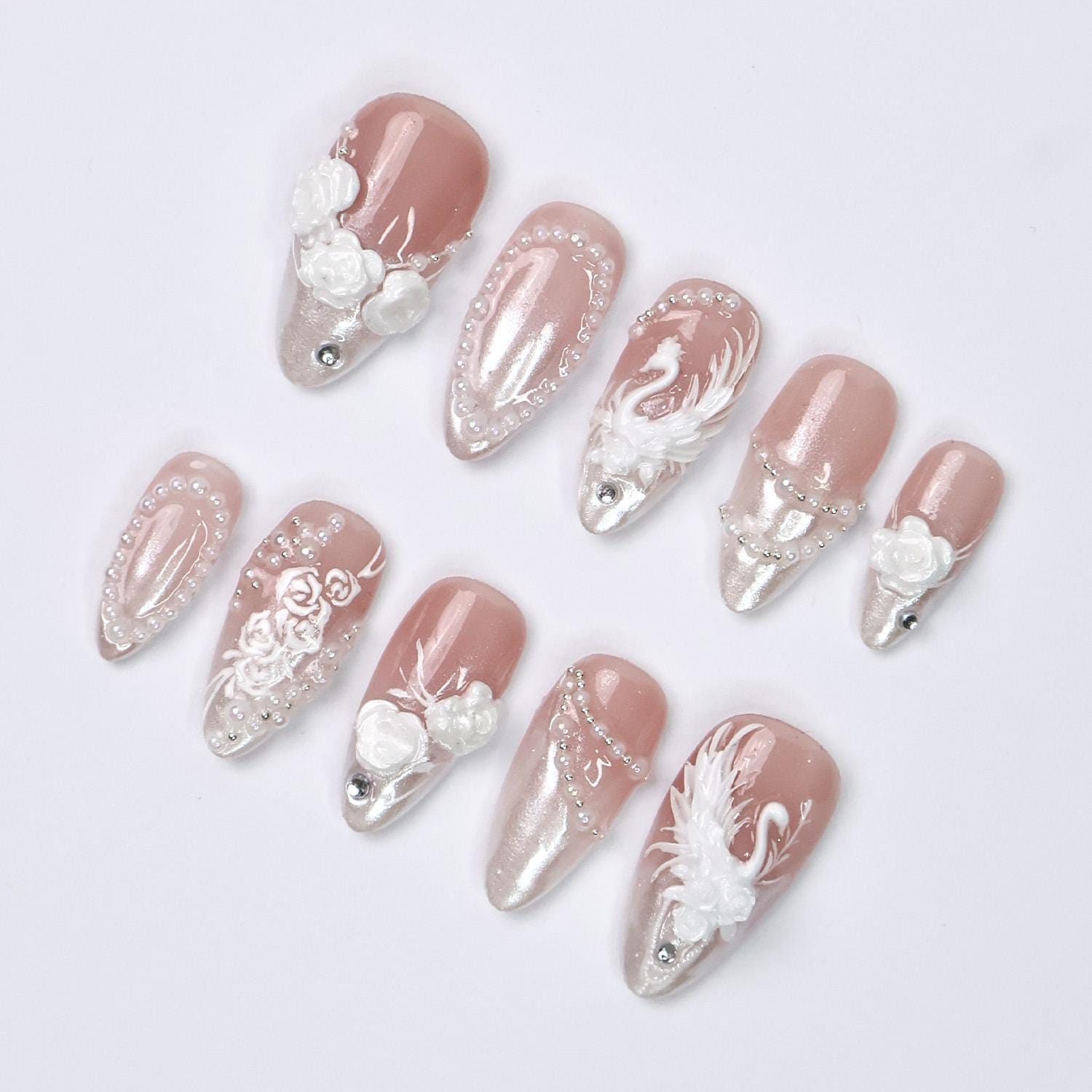 Press On Nails Swan Elegance with Rose & Pearl | 3D Floral Fake Nail in Medium Almond | Handmade Bridal Nail Art for Wedding, Prom, Birthday