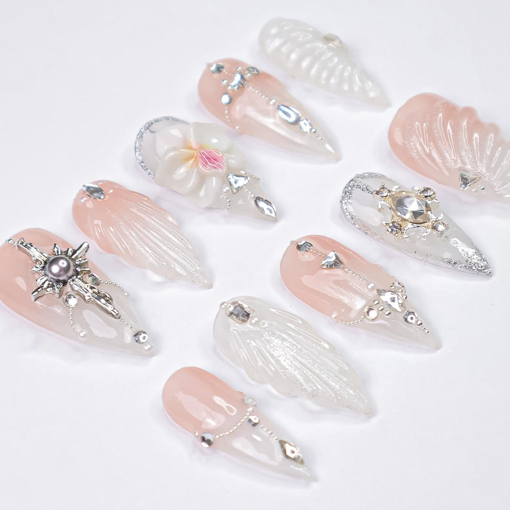 Press On Nails Orchid with Silver Jewel Accent | 3D Textured Fake Nails in Medium Almond | Handmade Star Nail Art for Wedding, Prom, Holiday