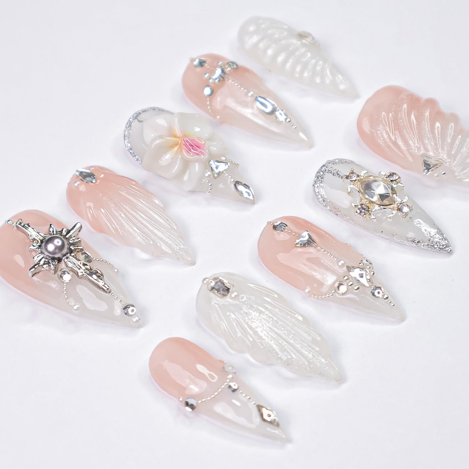 Press On Nails Orchid with Silver Jewel Accent | 3D Textured Fake Nails in Medium Almond | Handmade Star Nail Art for Wedding, Prom, Holiday
