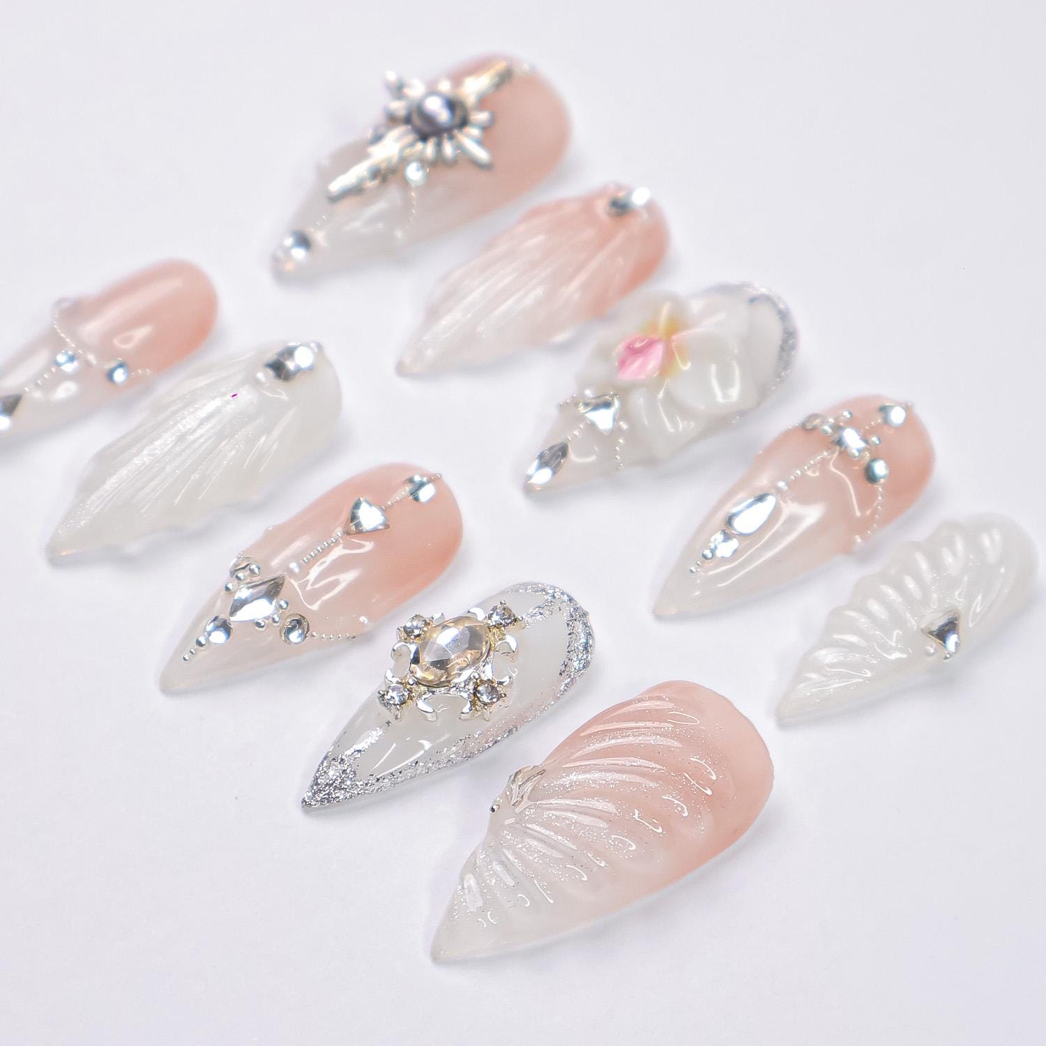 Press On Nails Orchid with Silver Jewel Accent | 3D Textured Fake Nails in Medium Almond | Handmade Star Nail Art for Wedding, Prom, Holiday