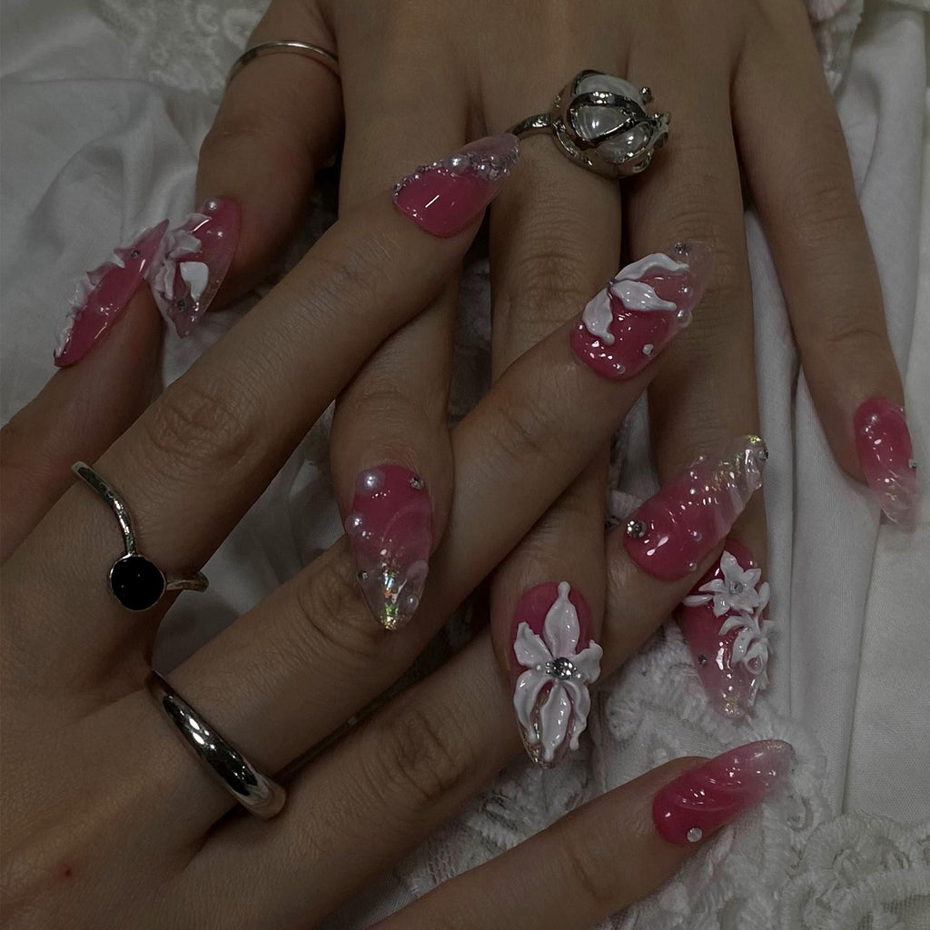 Press On Nails Blossoms with Pearl Accents | 3D Floral Fake Nails in Medium Almond | Handmade Bridal Nail Art for Wedding, Prom, Birthday