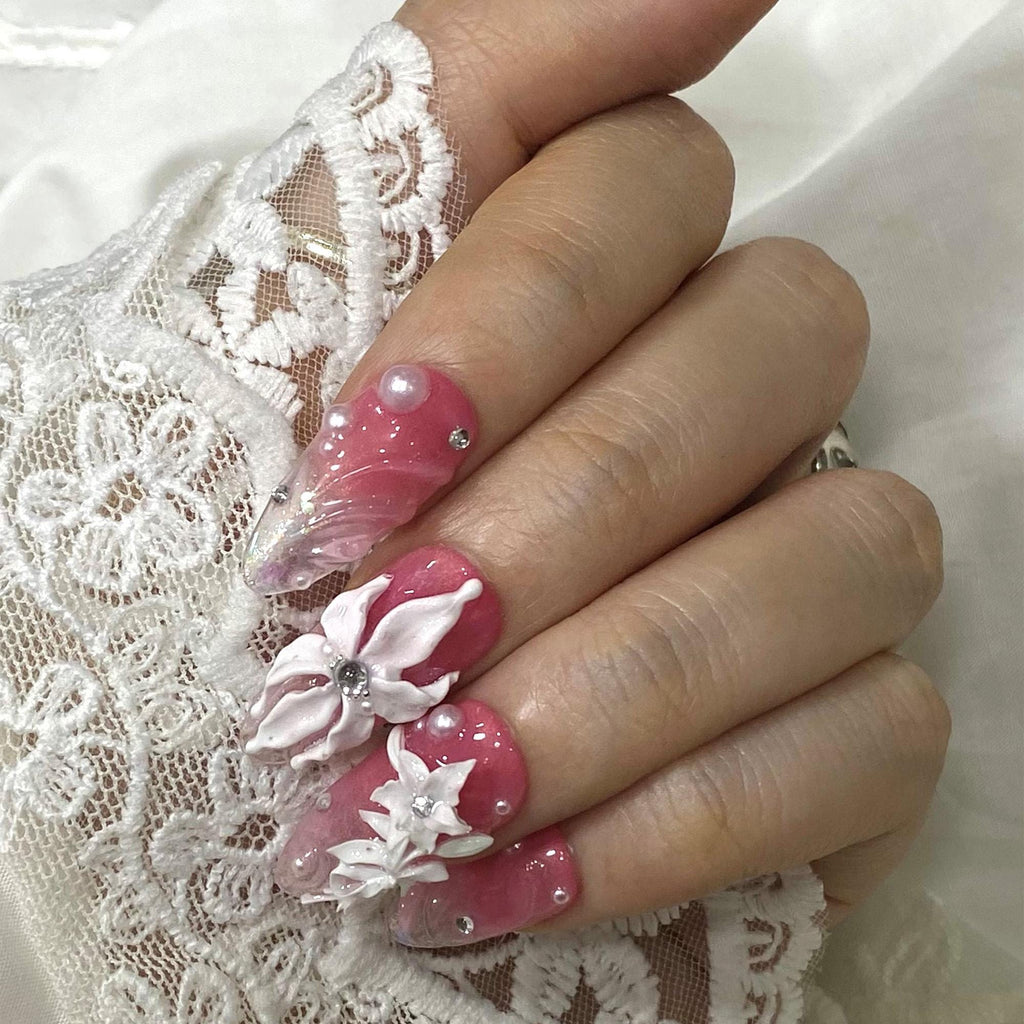 Press On Nails Blossoms with Pearl Accents | 3D Floral Fake Nails in Medium Almond | Handmade Bridal Nail Art for Wedding, Prom, Birthday