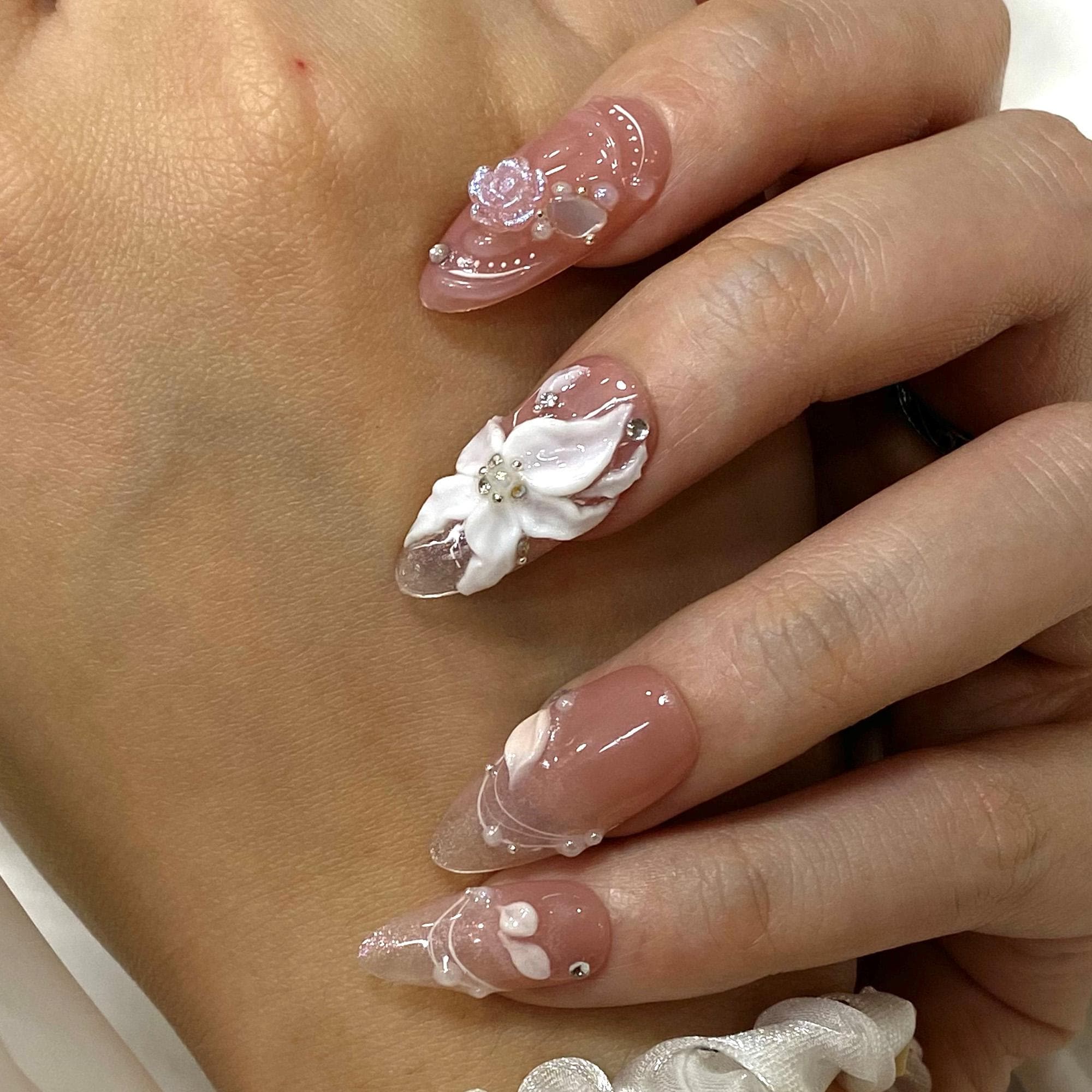 Bridal Press On Nails with 3D White Flowers and Sparkle Tips, Nude Pink Wedding Nails for Bride, Handmade Elegant Fake Nails