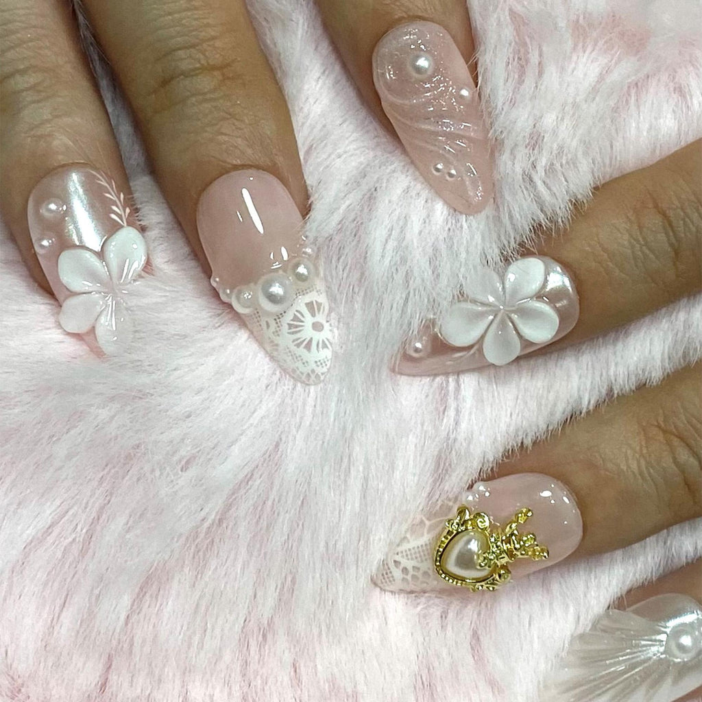 Press On Nails Pearlora Crown Heart with Lace Texture | 3D Floral Fake Nail in Medium Almond | Handmade Nail Art for Wedding, Prom, Birthday