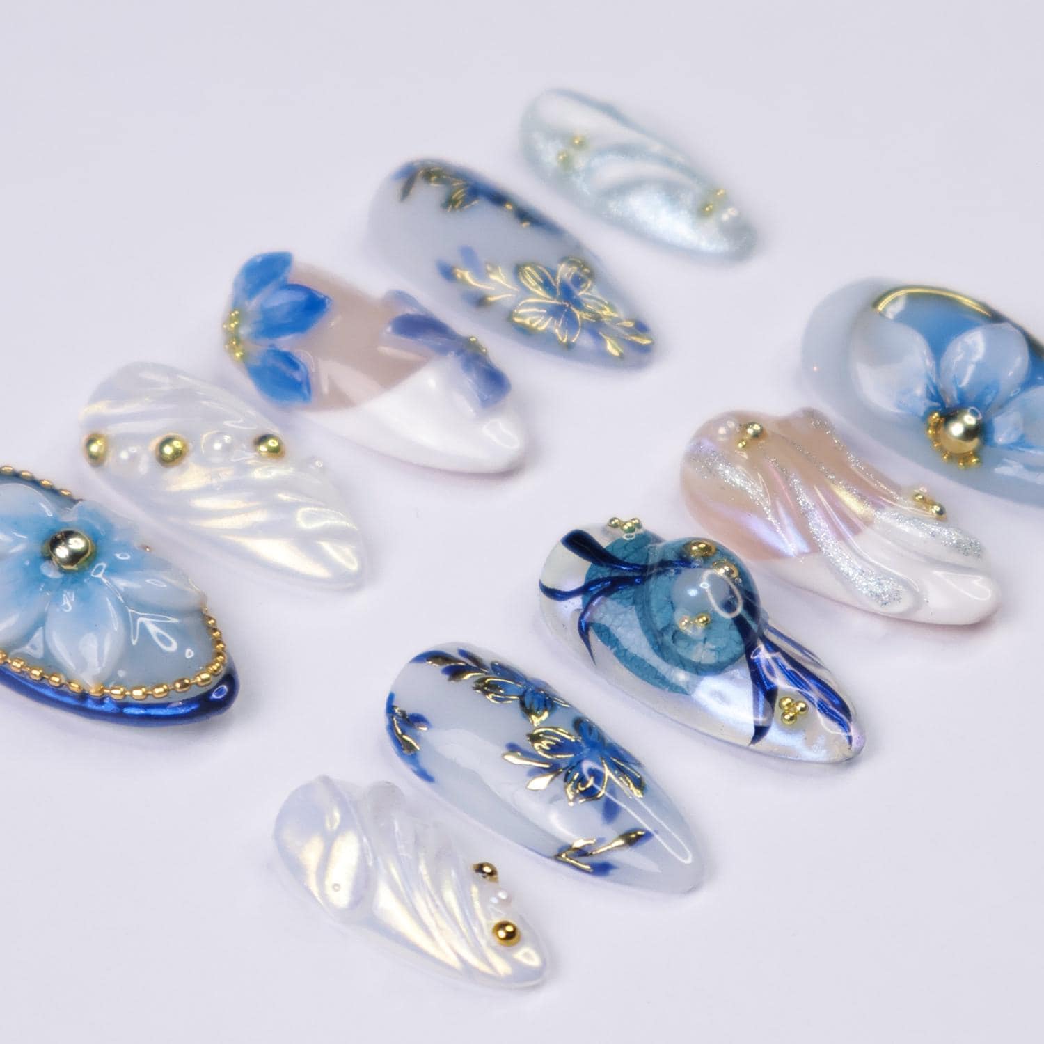 PressOn Nails Blue Flower with Gold Accent | 3D Floral Fake Nail in Medium Almond | Handmade Spring Nail Art for Holiday, Vacation, Birthday