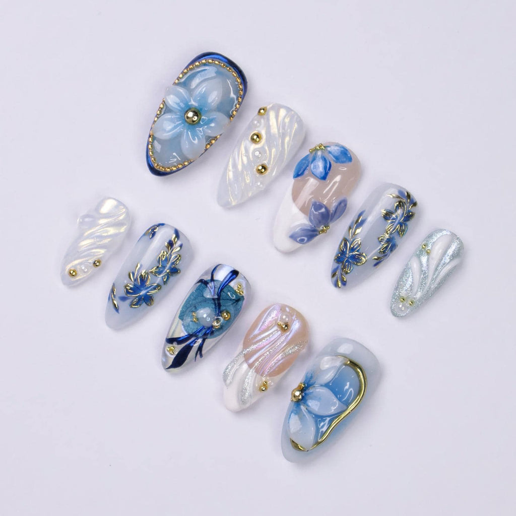 PressOn Nails Blue Flower with Gold Accent | 3D Floral Fake Nail in Medium Almond | Handmade Spring Nail Art for Holiday, Vacation, Birthday