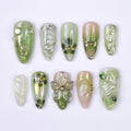 Press On Nails Green Butterfly with Gold Vine | 3D Floral Fake Nails in Medium Almond | Handmade Spring Nail Art for Holiday, Vacation, Gift