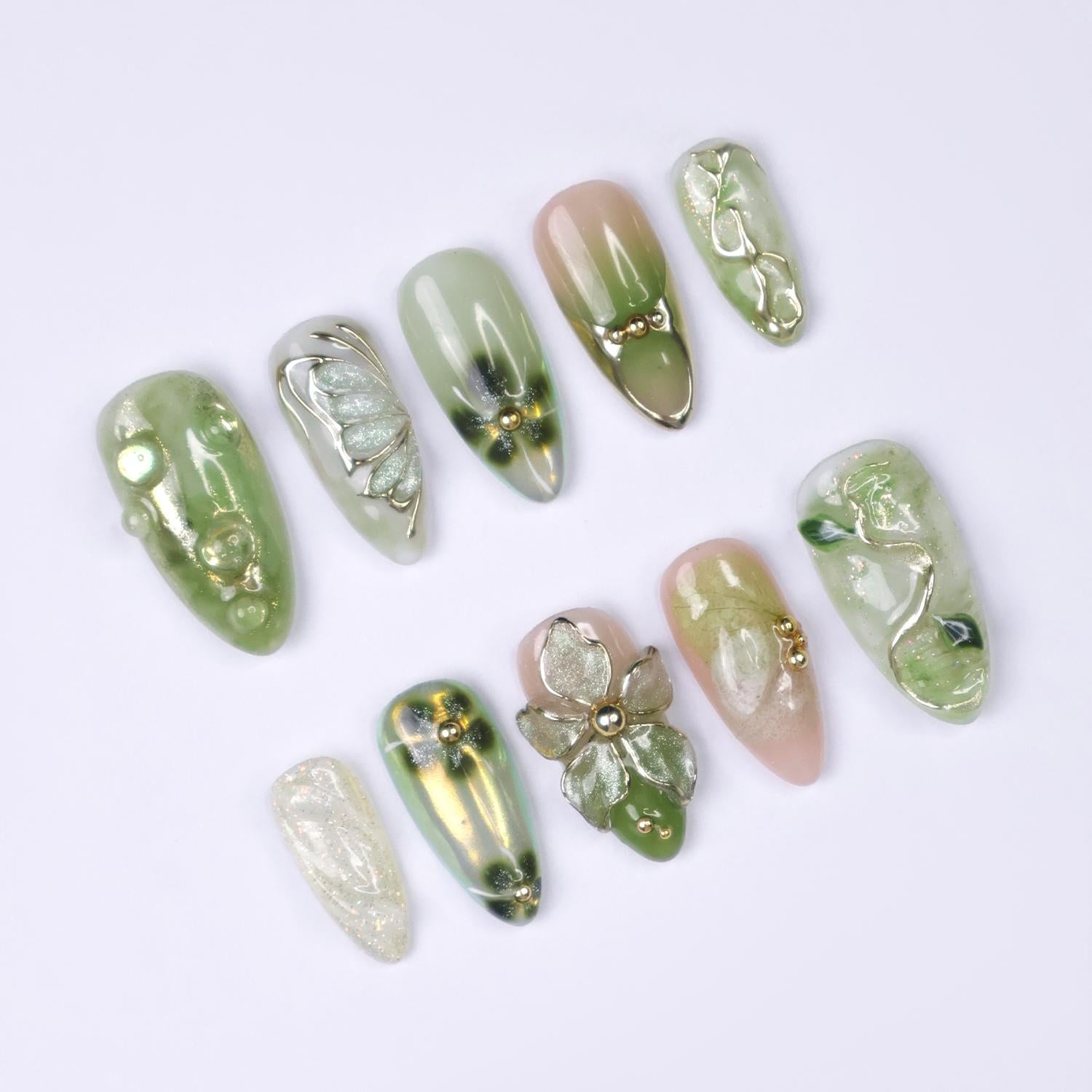 Press On Nails Green Butterfly with Gold Vine | 3D Floral Fake Nails in Medium Almond | Handmade Spring Nail Art for Holiday, Vacation, Gift