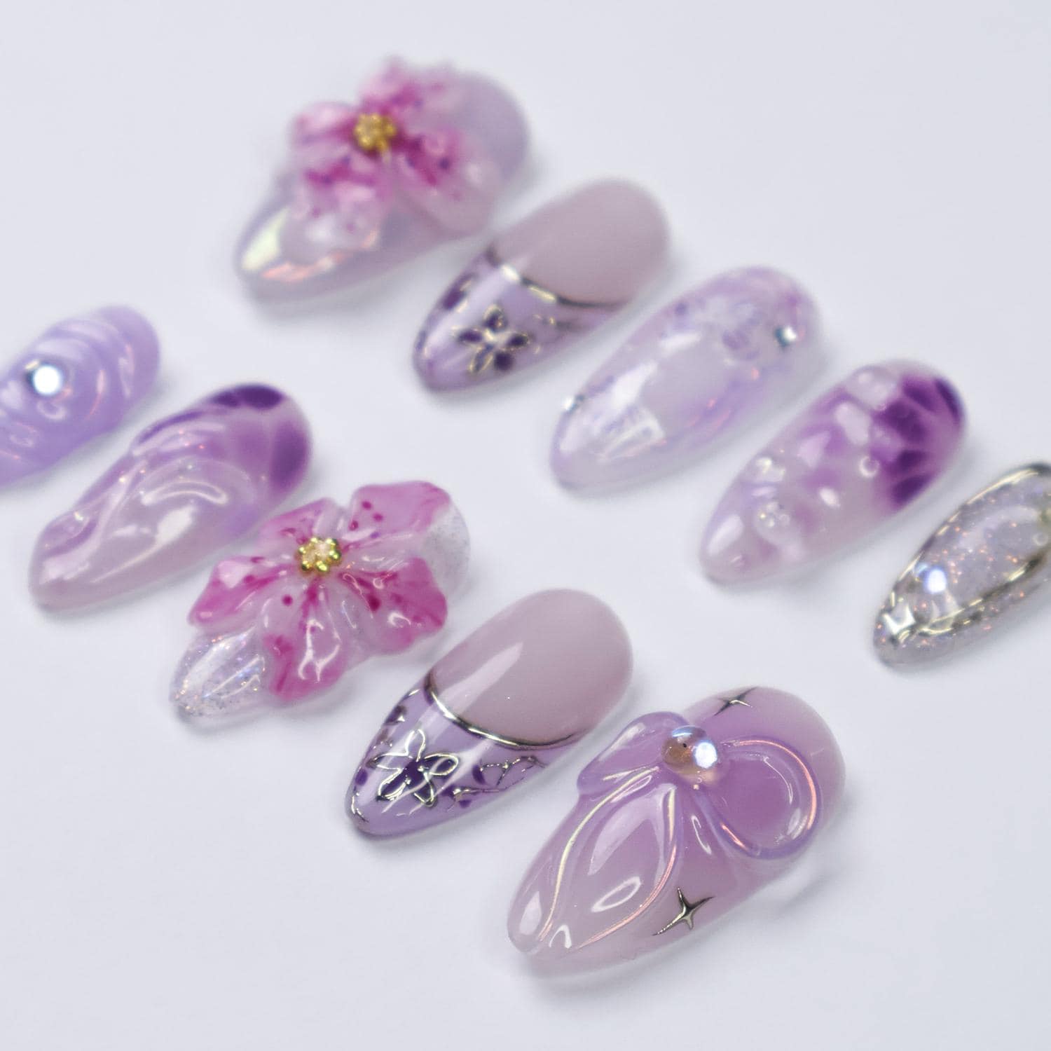 Press On Nails Purple Flower with Butterfly | 3D Pastel Fake Nails in Medium Almond | Handmade Spring Nail Art for Holiday, Vacation, Gift