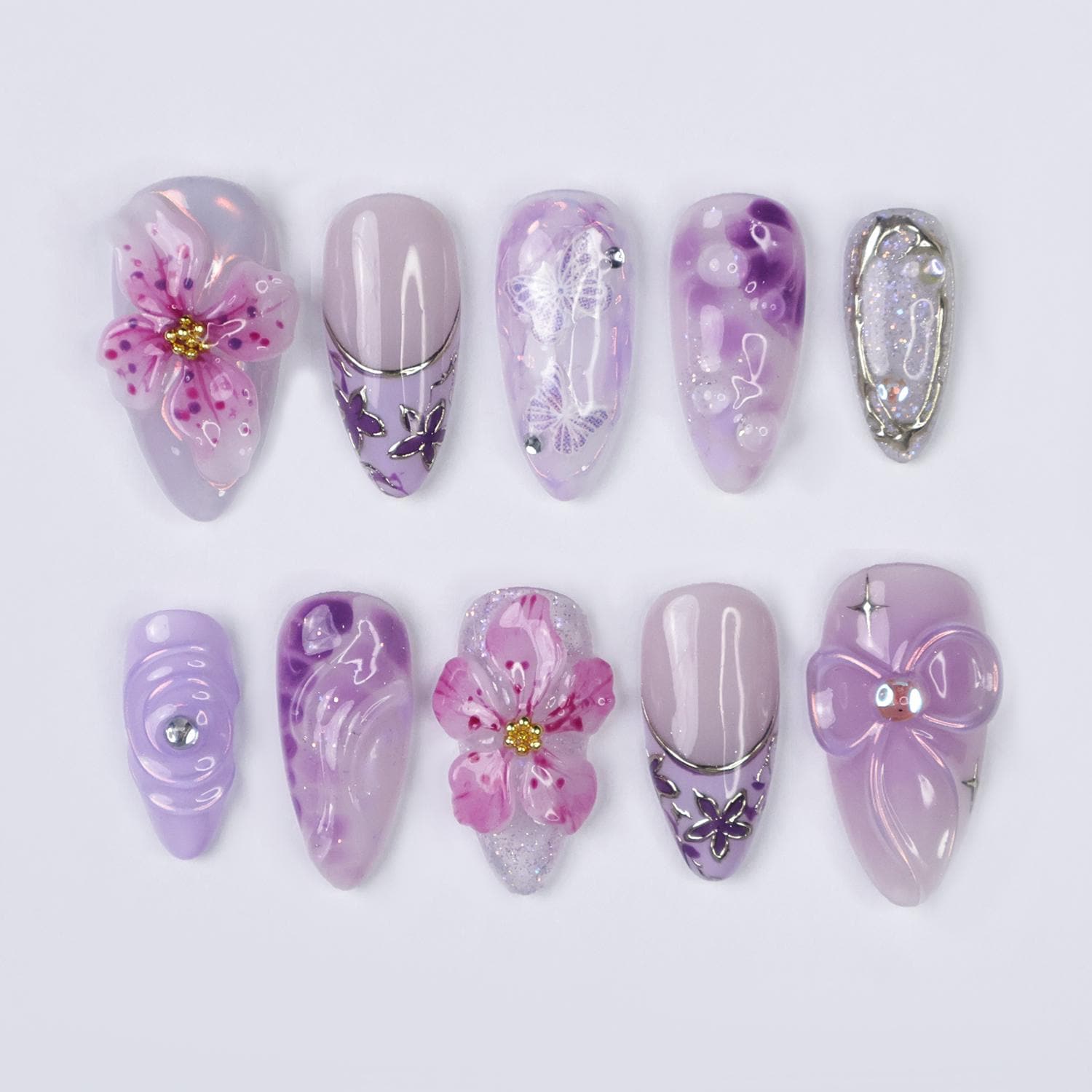 Press On Nails Purple Flower with Butterfly | 3D Pastel Fake Nails in Medium Almond | Handmade Spring Nail Art for Holiday, Vacation, Gift