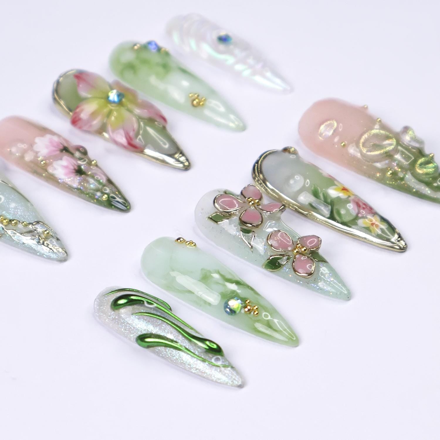Press On Nails Dragonfly with Pink Flower | 3D Nature Fake Nails in Long Almond | Handmade Spring Nail Art for Holiday, Vacation, Birthday
