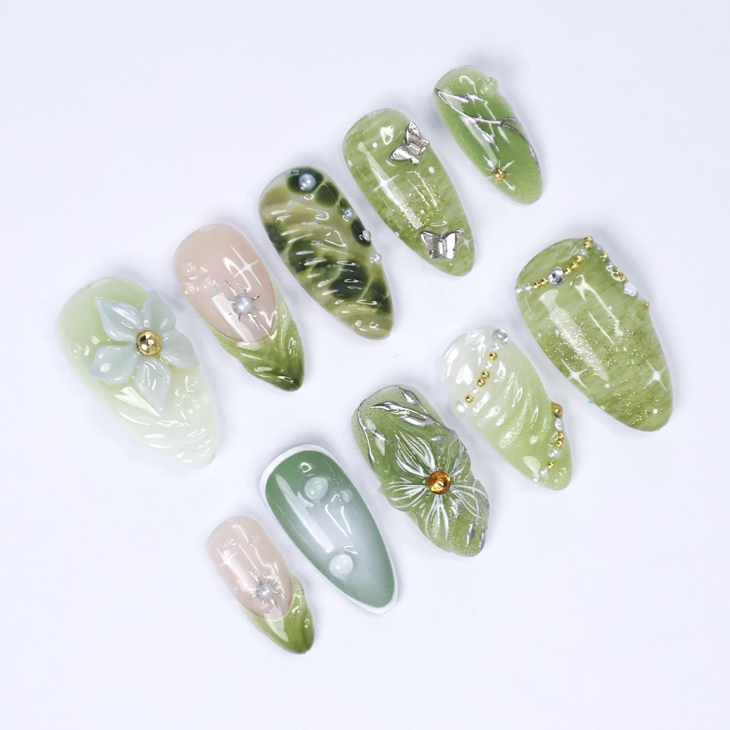 Green Botanical Bloom Press On Nails with 3D Floral Accents, Silver Butterflies, Suitable for Spring Event, Garden Party, Gift for Her