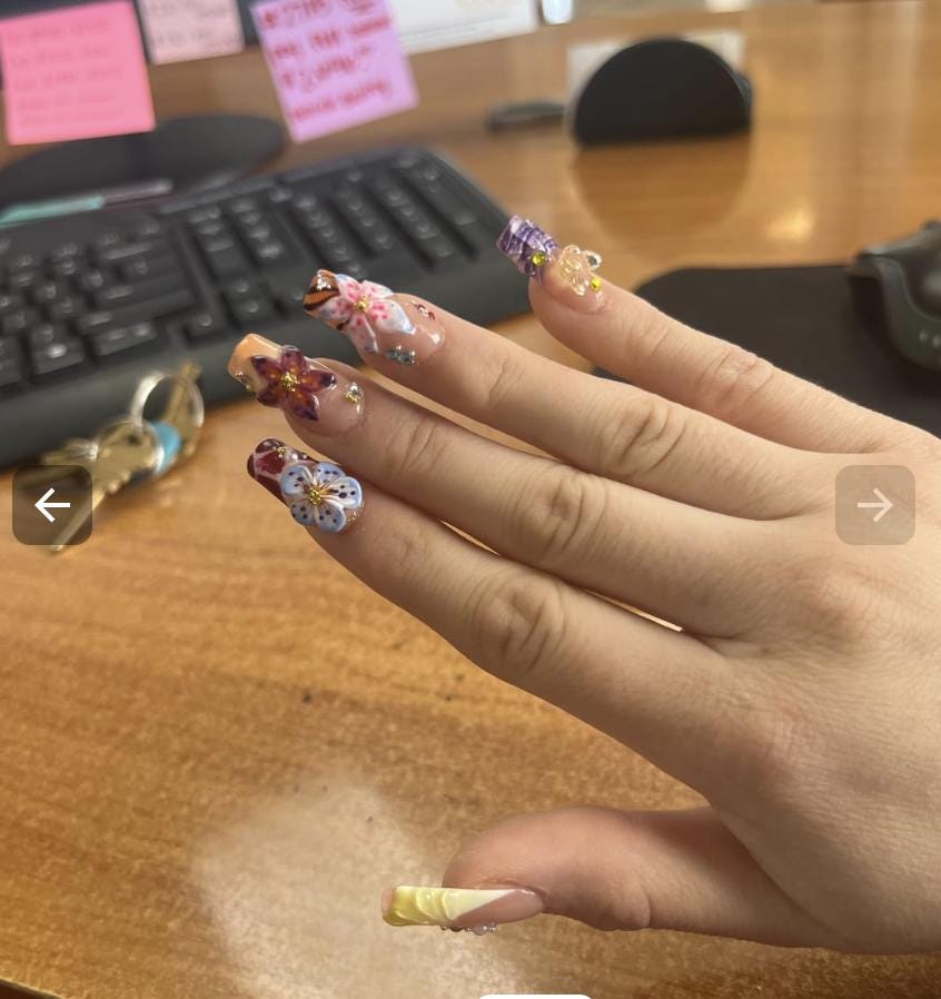 Summer Press On Nails with 3D Tropical Flowers & Butterflies, Bright Floral Fake Nails in Long Almond, Beach Nail Art for Vacation, Holiday