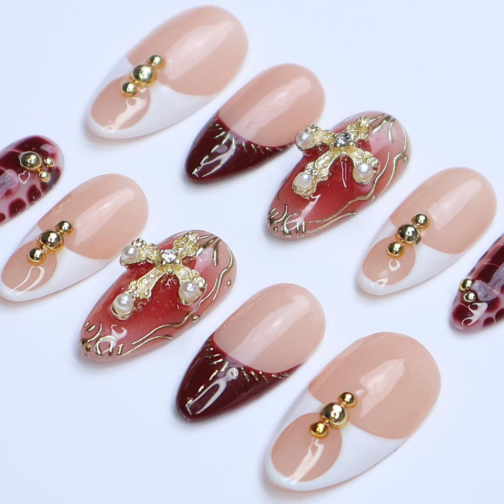 Press On Nails Gold Cross with Red Marble | Glam Fake Nails in Medium Almond | Handmade Luxury Nail Art for Vacation, Birthday, Gift