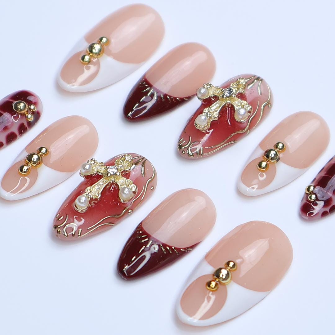 Press On Nails Gold Cross with Red Marble | Glam Fake Nails in Medium Almond | Handmade Luxury Nail Art for Vacation, Birthday, Gift