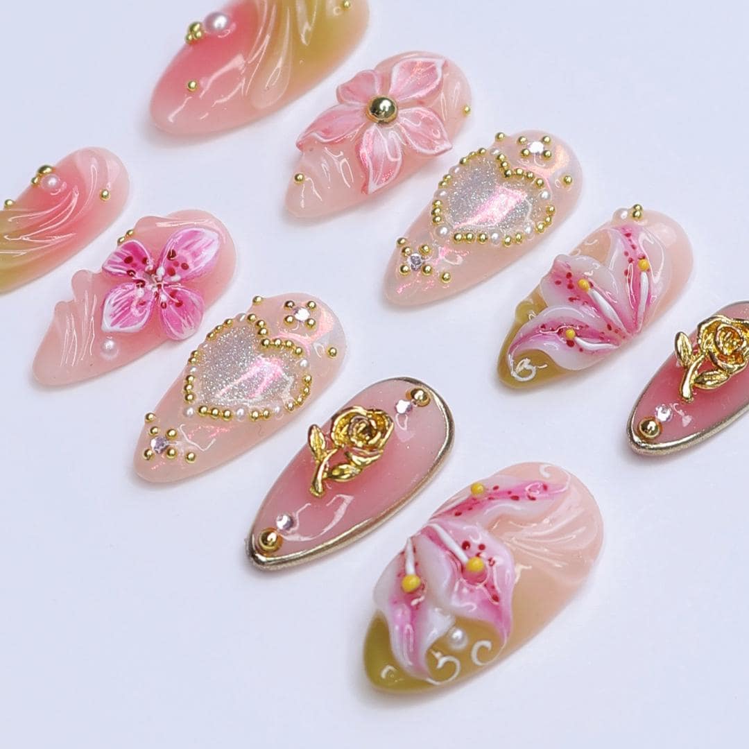 3D Pink Lily Flower Press On Nails, Gold Heart & Rose Spring Nail in Medium Almond, Elegant Handmade Nail for Wedding, Anniversary, Birthday