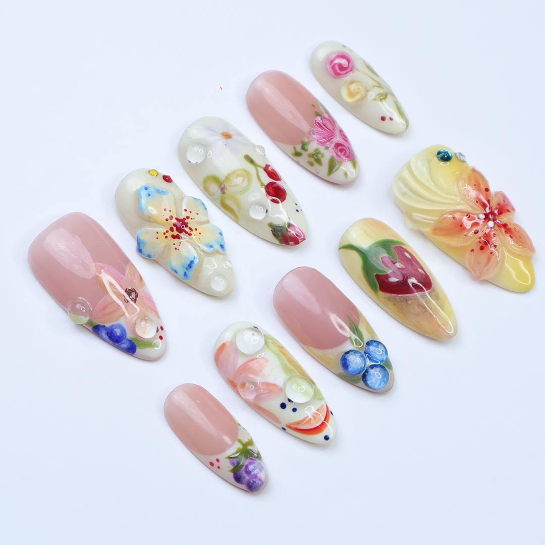Press On Nails Summer Garden with Floral & Fruit Art | 3D Fake Nails in Medium Almond | Handmade Nail Art for Holiday, Vacation, Birthday