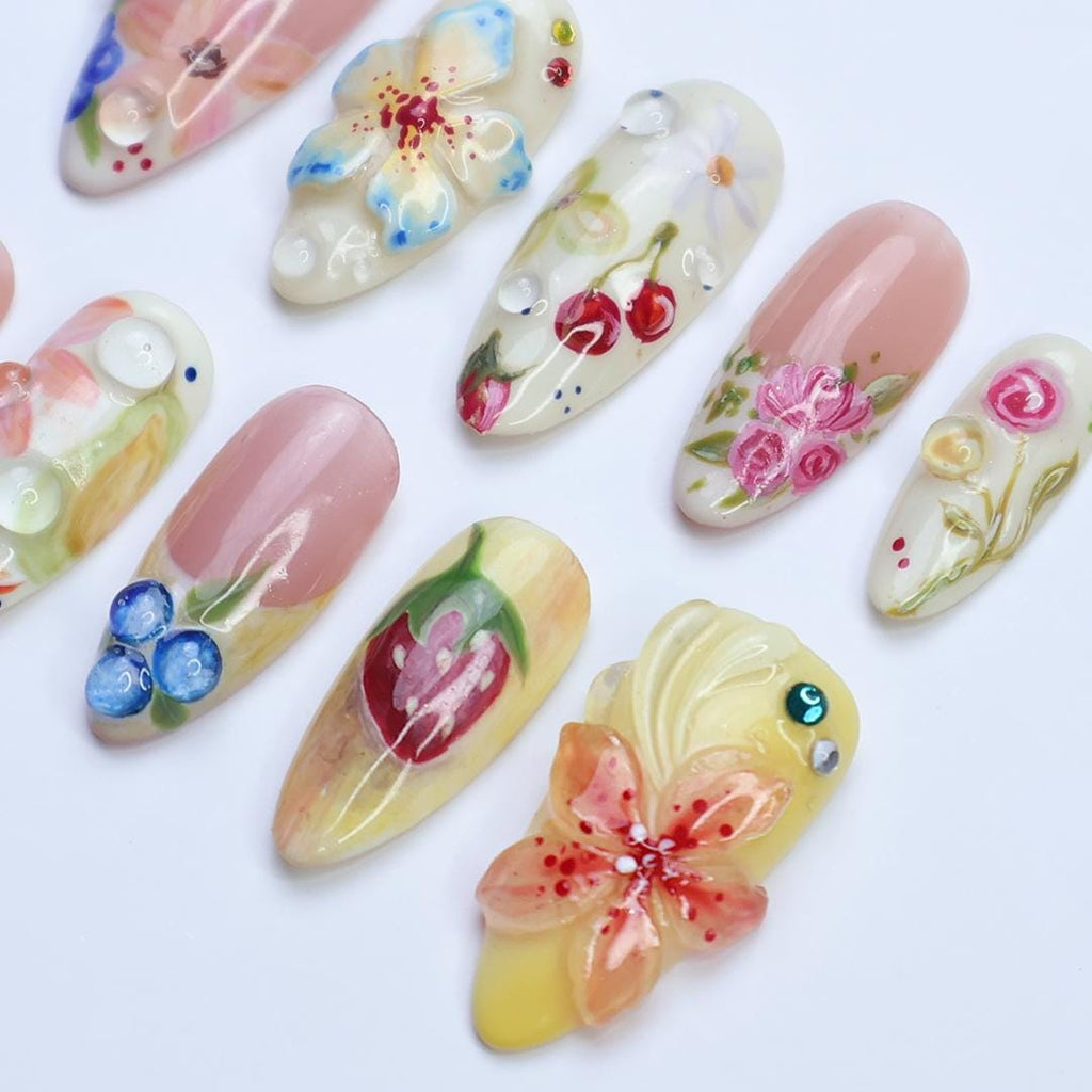 Press On Nails Summer Garden with Floral & Fruit Art | 3D Fake Nails in Medium Almond | Handmade Nail Art for Holiday, Vacation, Birthday