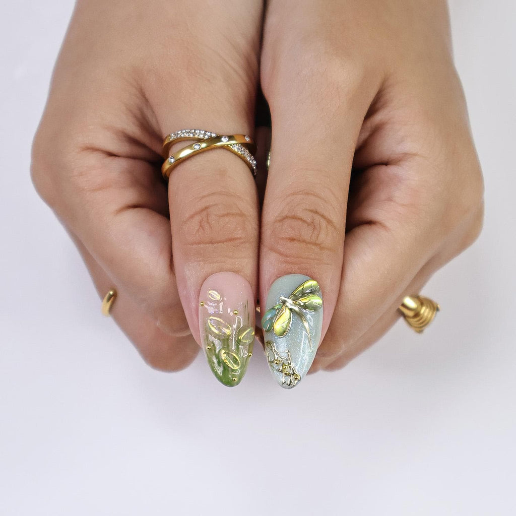 Press On Nails Dragonfly with Pink Flower | 3D Nature Fake Nails in Long Almond | Handmade Spring Nail Art for Holiday, Vacation, Birthday