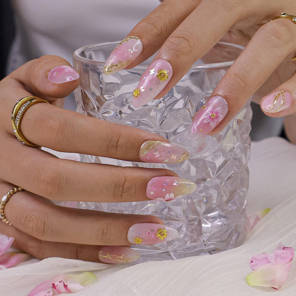 Press On Nails 3D Sakura with Gold Detailing | Pastel Fake Nails in Short Almond | Handmade Spring Nail Art for Holiday, Vacation, Birthday
