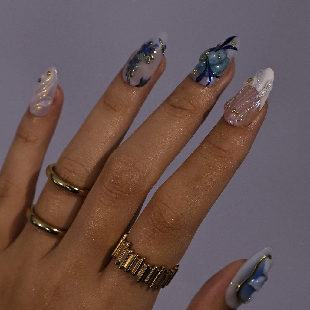PressOn Nails Blue Flower with Gold Accent | 3D Floral Fake Nail in Medium Almond | Handmade Spring Nail Art for Holiday, Vacation, Birthday