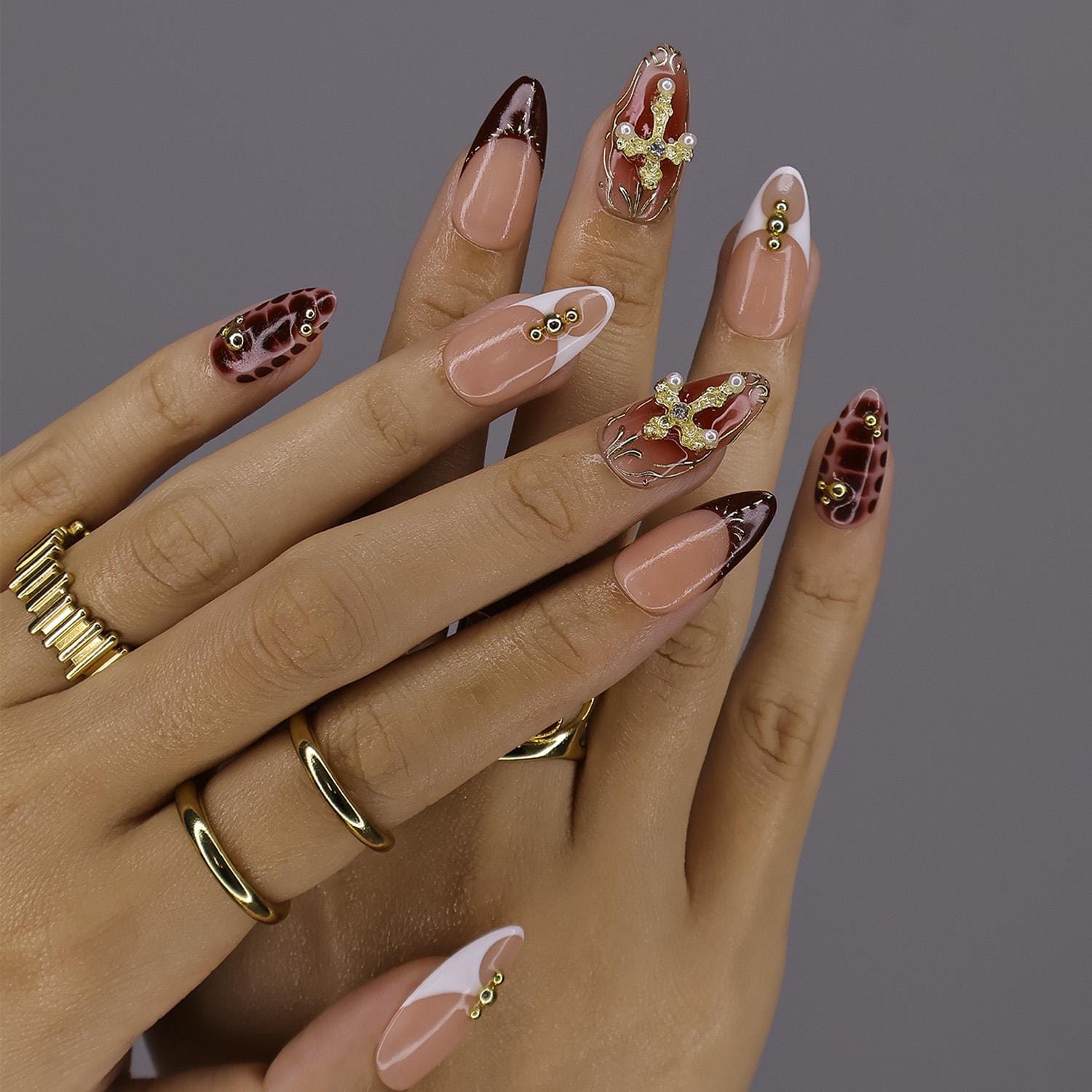 Press On Nails Gold Cross with Red Marble | Glam Fake Nails in Medium Almond | Handmade Luxury Nail Art for Vacation, Birthday, Gift
