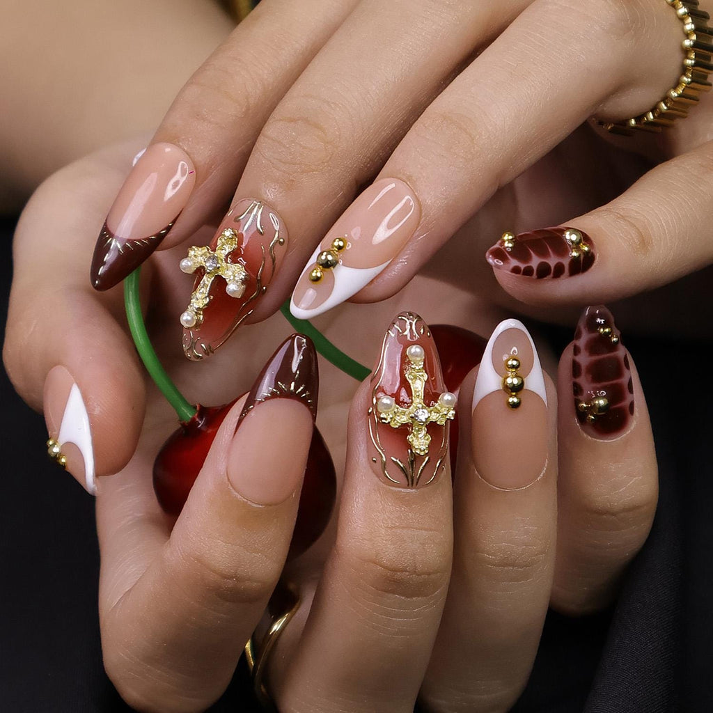 Press On Nails Gold Cross with Red Marble | Glam Fake Nails in Medium Almond | Handmade Luxury Nail Art for Vacation, Birthday, Gift