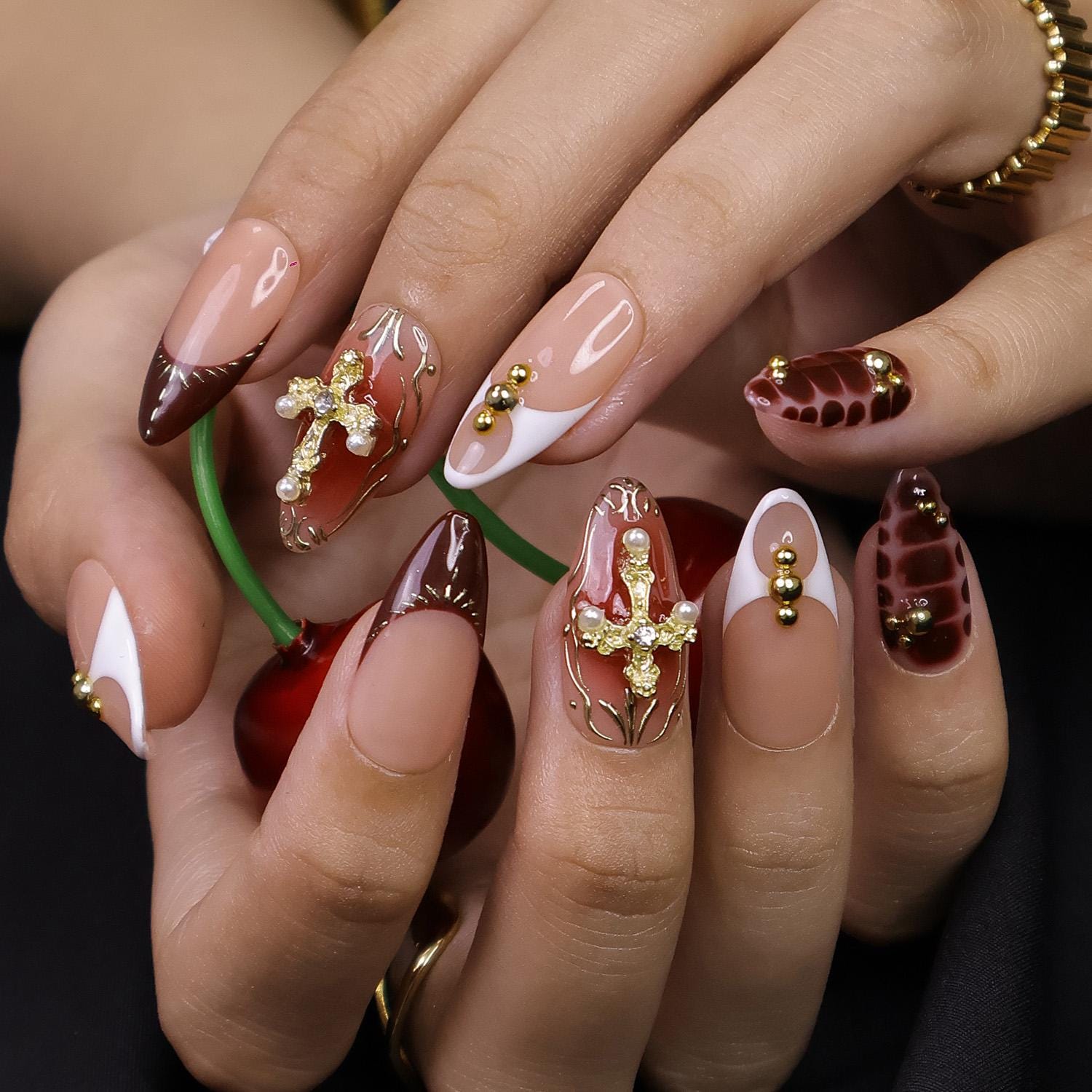 Press On Nails Gold Cross with Red Marble | Glam Fake Nails in Medium Almond | Handmade Luxury Nail Art for Vacation, Birthday, Gift