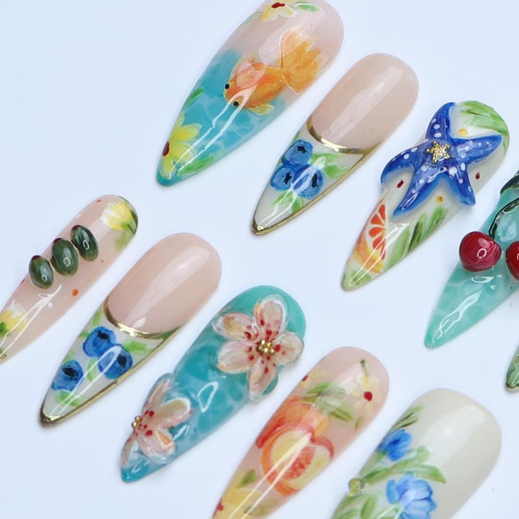 Summer Press On Nails Tropical Bloom with Ocean Treasures | 3D Fake Nails in Long Almond | Handmade Nail Art for Holiday, Vacation, Birthday