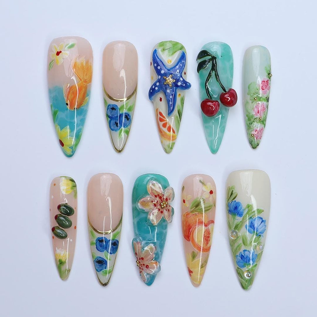 Summer Press On Nails Tropical Bloom with Ocean Treasures | 3D Fake Nails in Long Almond | Handmade Nail Art for Holiday, Vacation, Birthday
