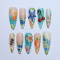 Summer Press On Nails Tropical Bloom with Ocean Treasures | 3D Fake Nails in Long Almond | Handmade Nail Art for Holiday, Vacation, Birthday