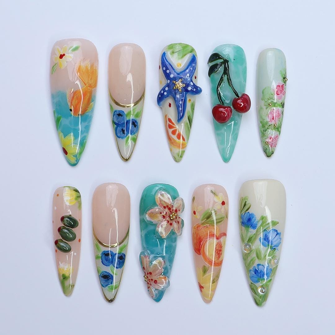 Summer Press On Nails Tropical Bloom with Ocean Treasures | 3D Fake Nails in Long Almond | Handmade Nail Art for Holiday, Vacation, Birthday