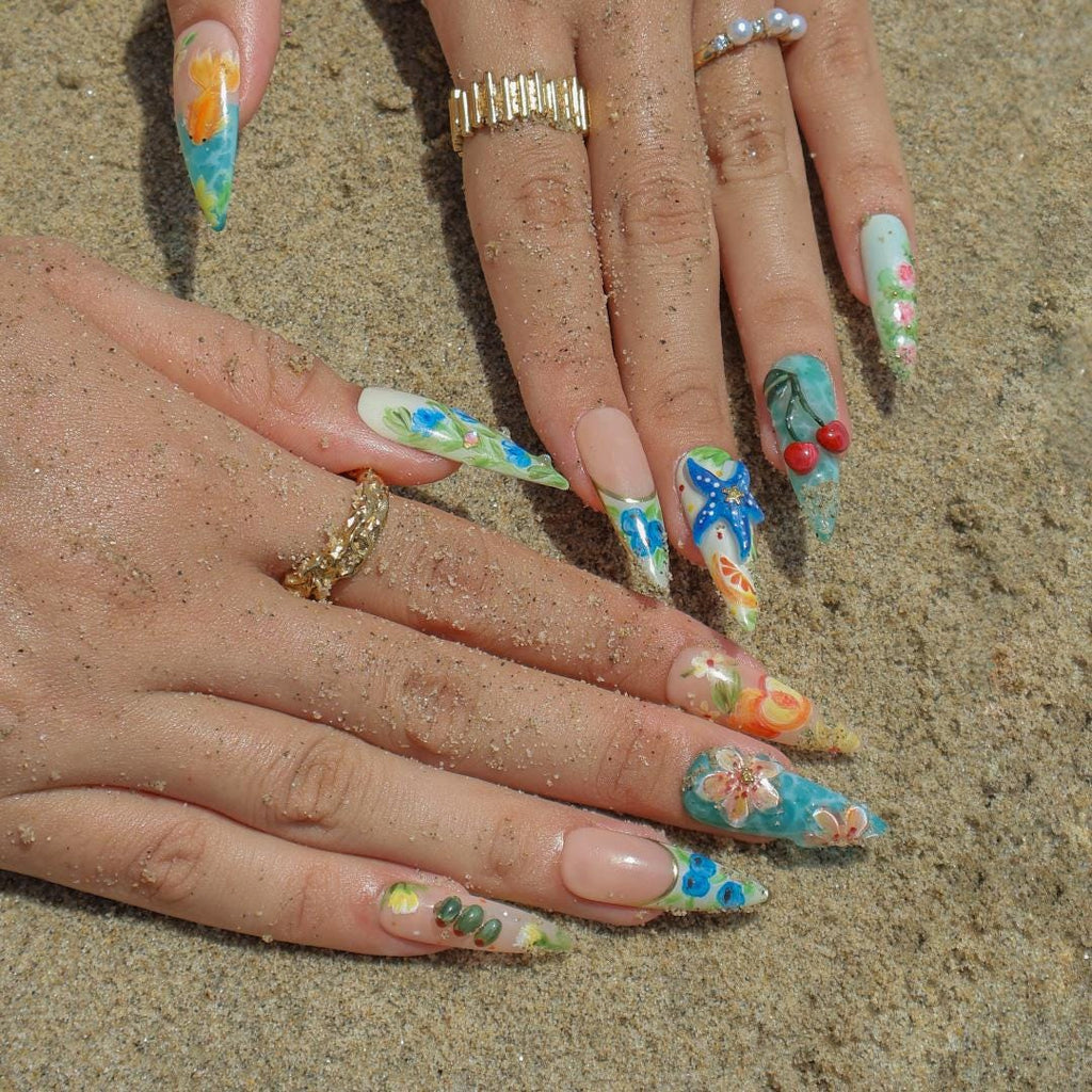 Summer Press On Nails Tropical Bloom with Ocean Treasures | 3D Fake Nails in Long Almond | Handmade Nail Art for Holiday, Vacation, Birthday