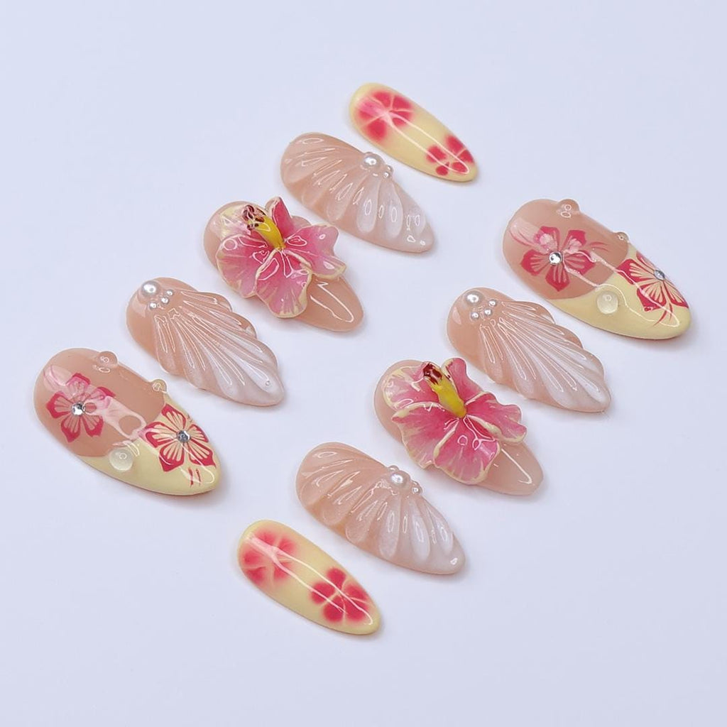 Summer Press On Nails Hibiscus Bloom with Pearl Shells | 3D Fake Nails in Medium Almond | Handmade Nail Art for Holiday, Vacation, Birthday
