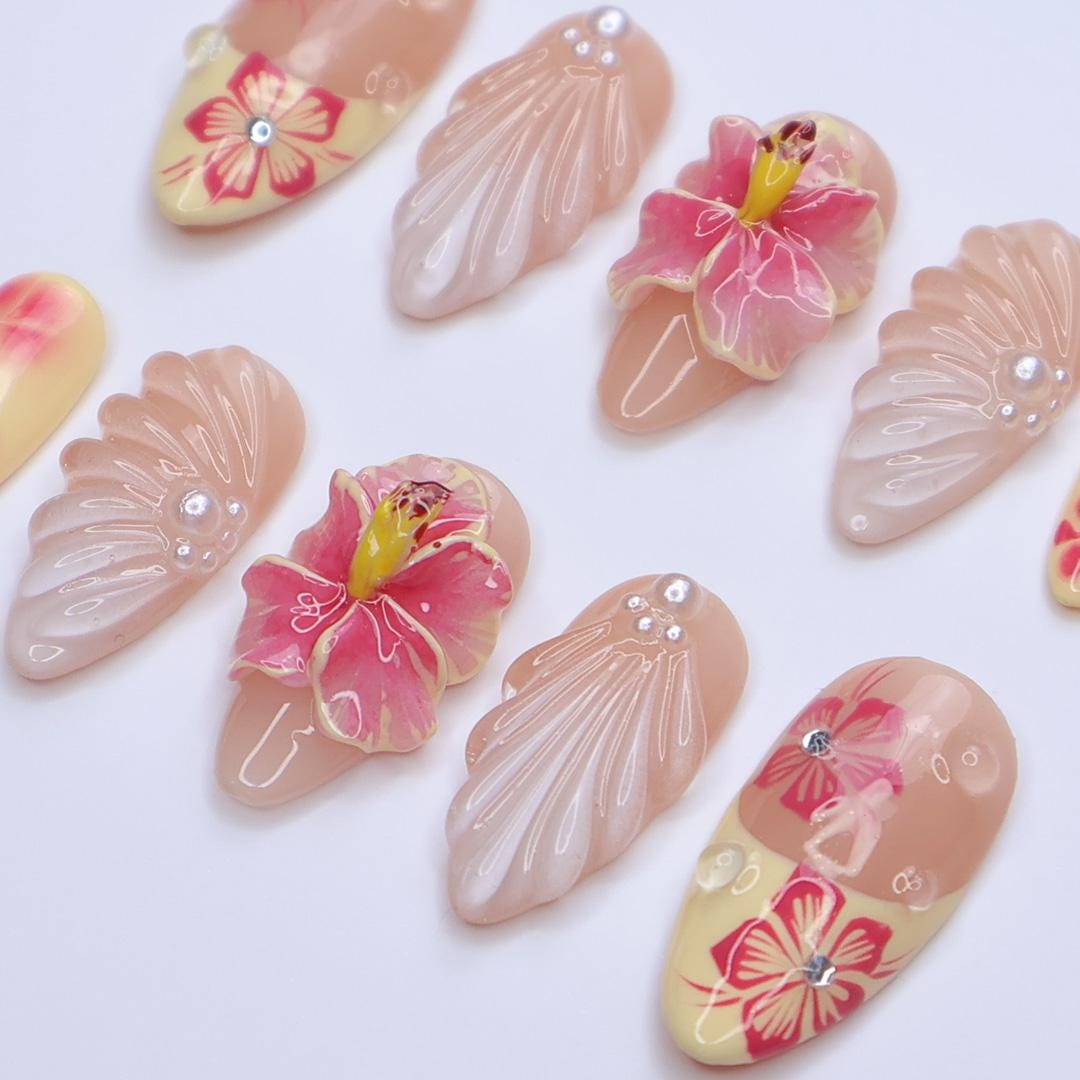 Summer Press On Nails Hibiscus Bloom with Pearl Shells | 3D Fake Nails in Medium Almond | Handmade Nail Art for Holiday, Vacation, Birthday