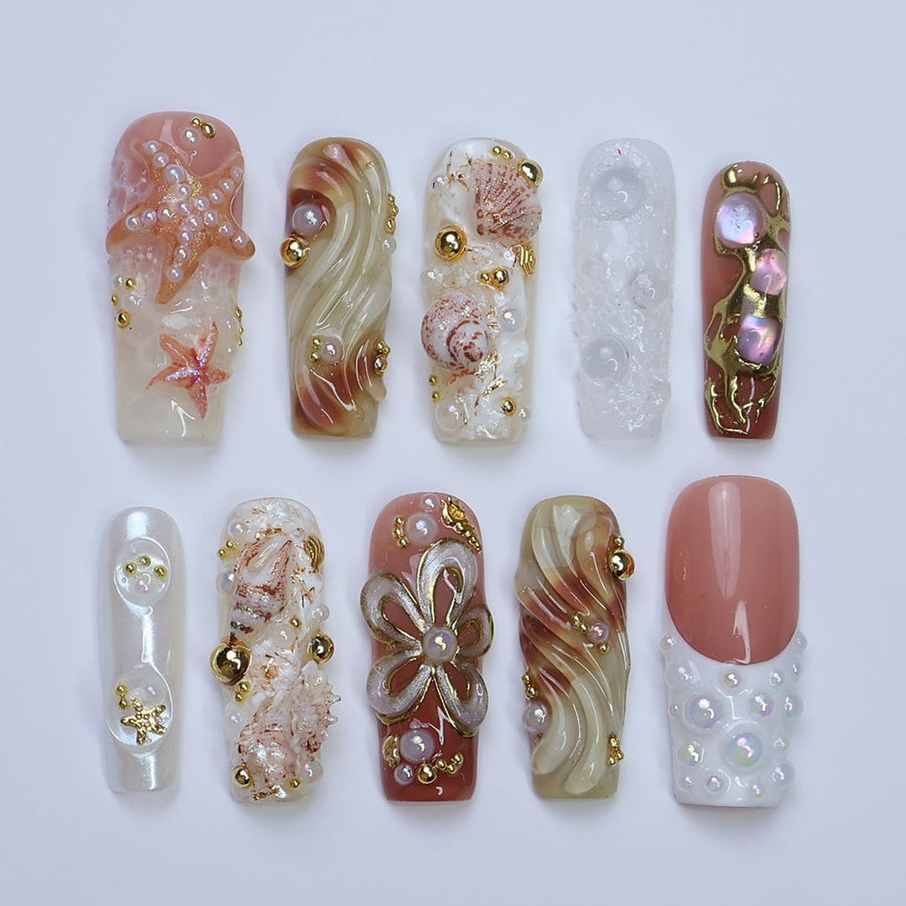 Summer Press On Nails with 3D Seashells and Pearls, Long Square Beach Nails in Nude, White and Gold Tones for Coastal Summer Vibe, Holiday