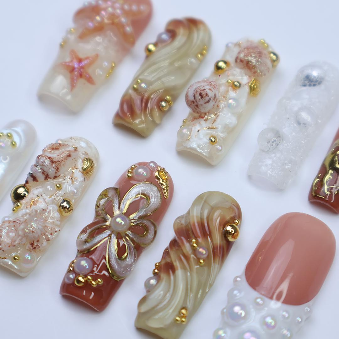 Summer Press On Nails with 3D Seashells and Pearls, Long Square Beach Nails in Nude, White and Gold Tones for Coastal Summer Vibe, Holiday
