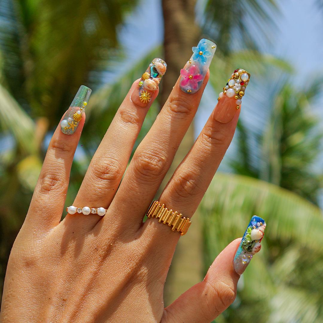 Summer Press On Nails Ocean Garden with Seashell | 3D Flower Fake Nails in Long Square | Handmade Nail Art for Holiday, Vacation, Birthday