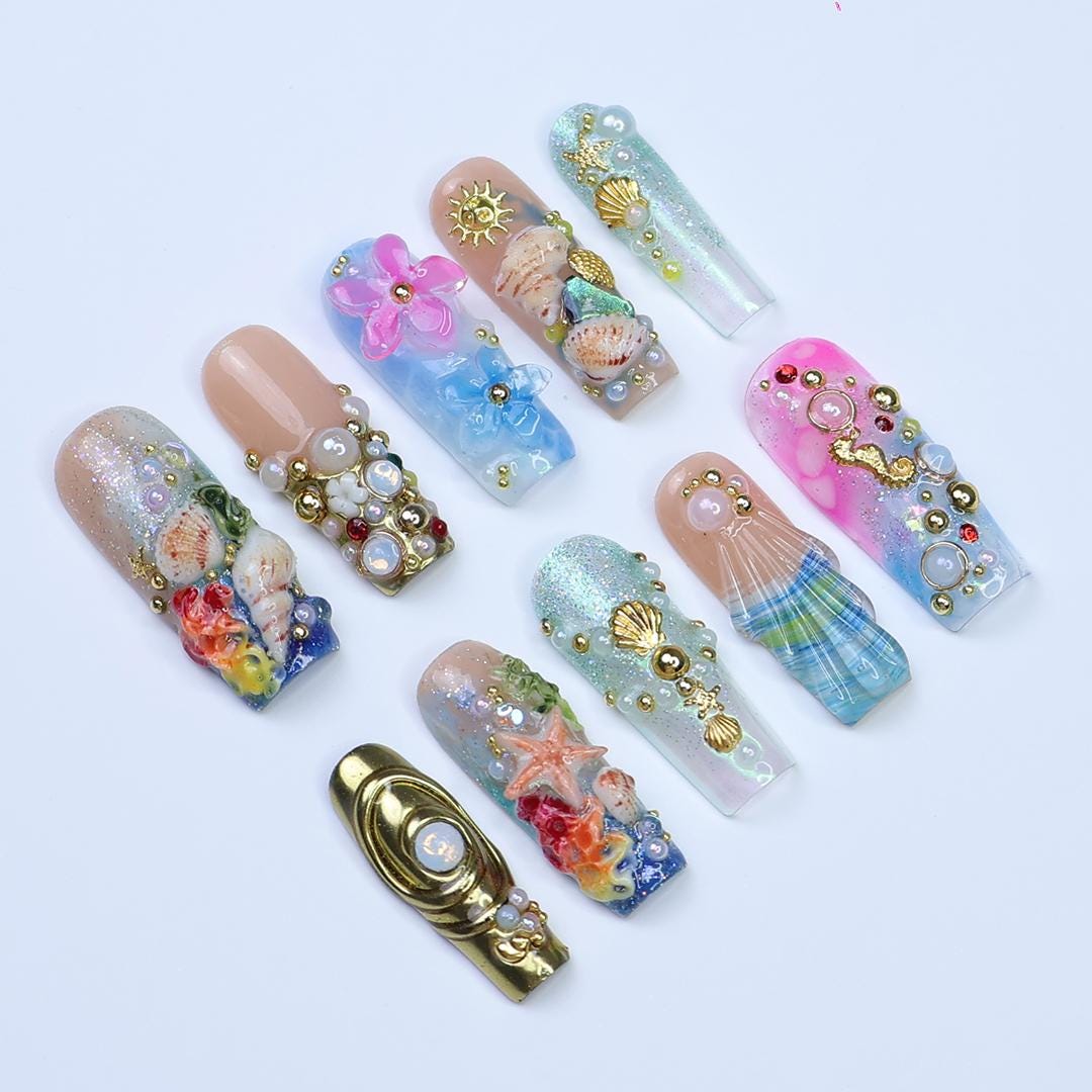 Summer Press On Nails Ocean Garden with Seashell | 3D Flower Fake Nails in Long Square | Handmade Nail Art for Holiday, Vacation, Birthday