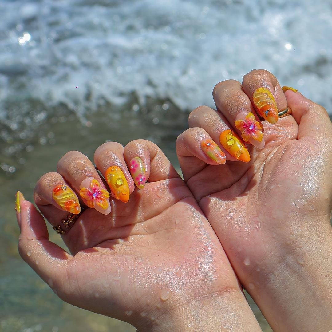Summer Press On Nails Citrus Bloom with Tropical Florals | 3D Fake Nail in Medium Almond | Handmade Nail Art for Holiday, Vacation, Birthday