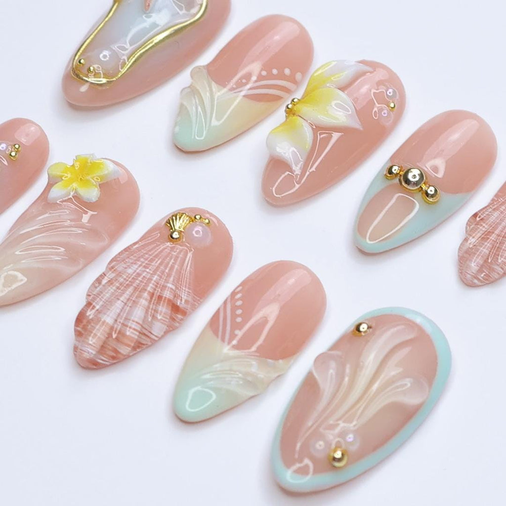 Summer Press On Nails Plumeria with Starfish | 3D Fake Nails in Medium Almond | Handmade Seashell Nail Art for Holiday, Vacation, Birthday