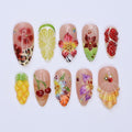 Summer Press On Nails Tropical Orchard with Leopard Print | 3D Floral Fake Nail in Medium Almond | Handmade Nail Art for Holiday, Vacation