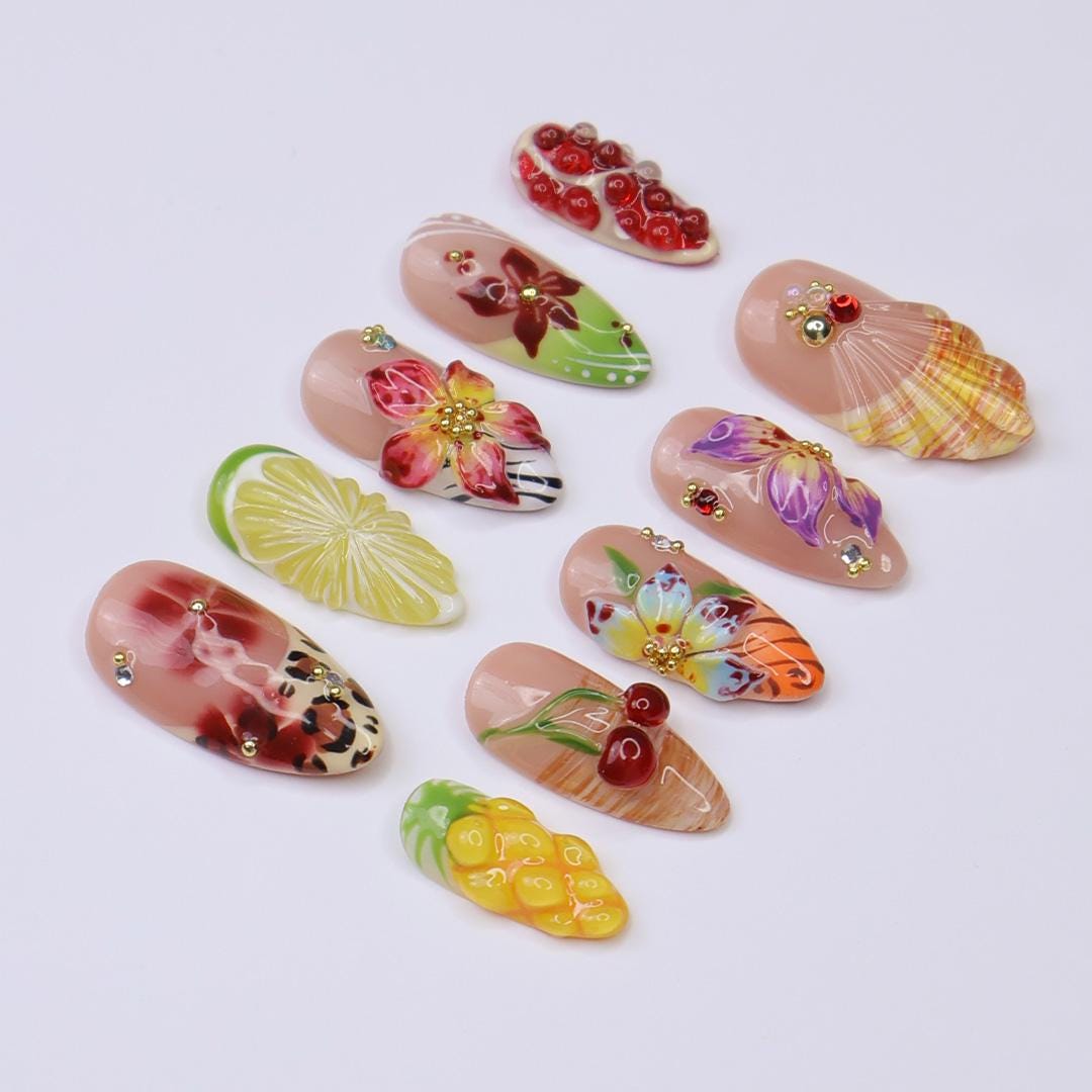 Summer Press On Nails Tropical Orchard with Leopard Print | 3D Floral Fake Nail in Medium Almond | Handmade Nail Art for Holiday, Vacation